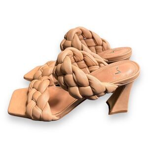 Marc Fisher Womens Hammy Heeled‎ Sandal 5.5M Leather Chunky Woven Straps Tan